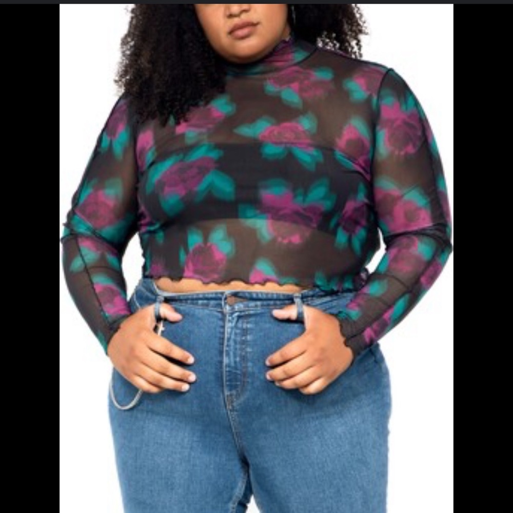 NWT BP + Wildfang Crop Mock Neck Top Black Motion Floral Size 2X